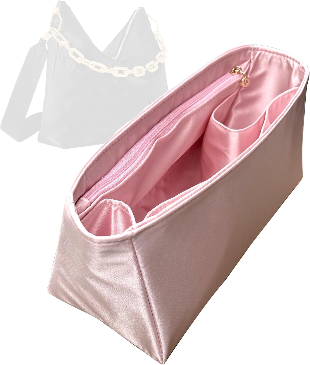 Organizer for Coussin Hobo MM, Satin Silk Bag Insert with Zipper Pocket (Blush)
