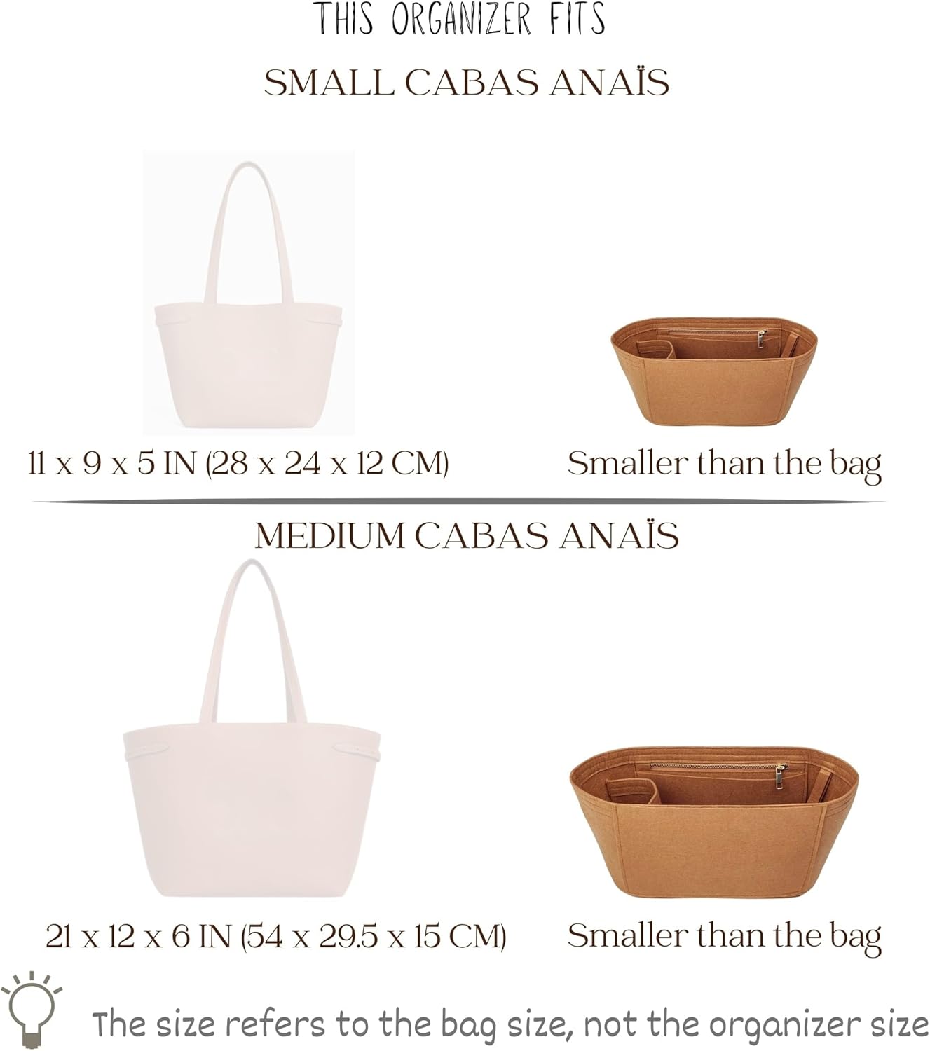 Organizer for Celin. Cabas Anais Small/Meidu, Felt Bag Insert (Medium, GoldBrown)