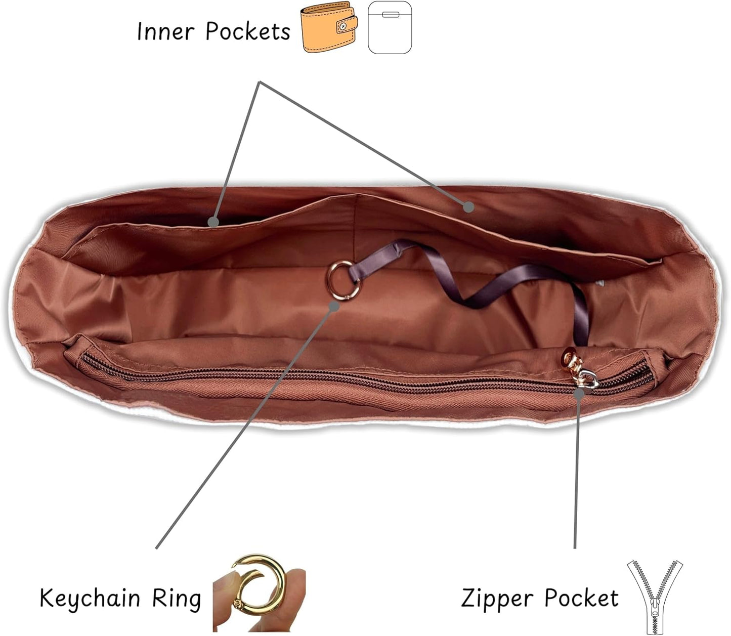 Organizer for Camille 16 Soft Bag, Small, Medium, Lightweight Bag Insert, DupontPaper and Satin Silk Liner, 34 Interior Colors (Small, Cocoa)