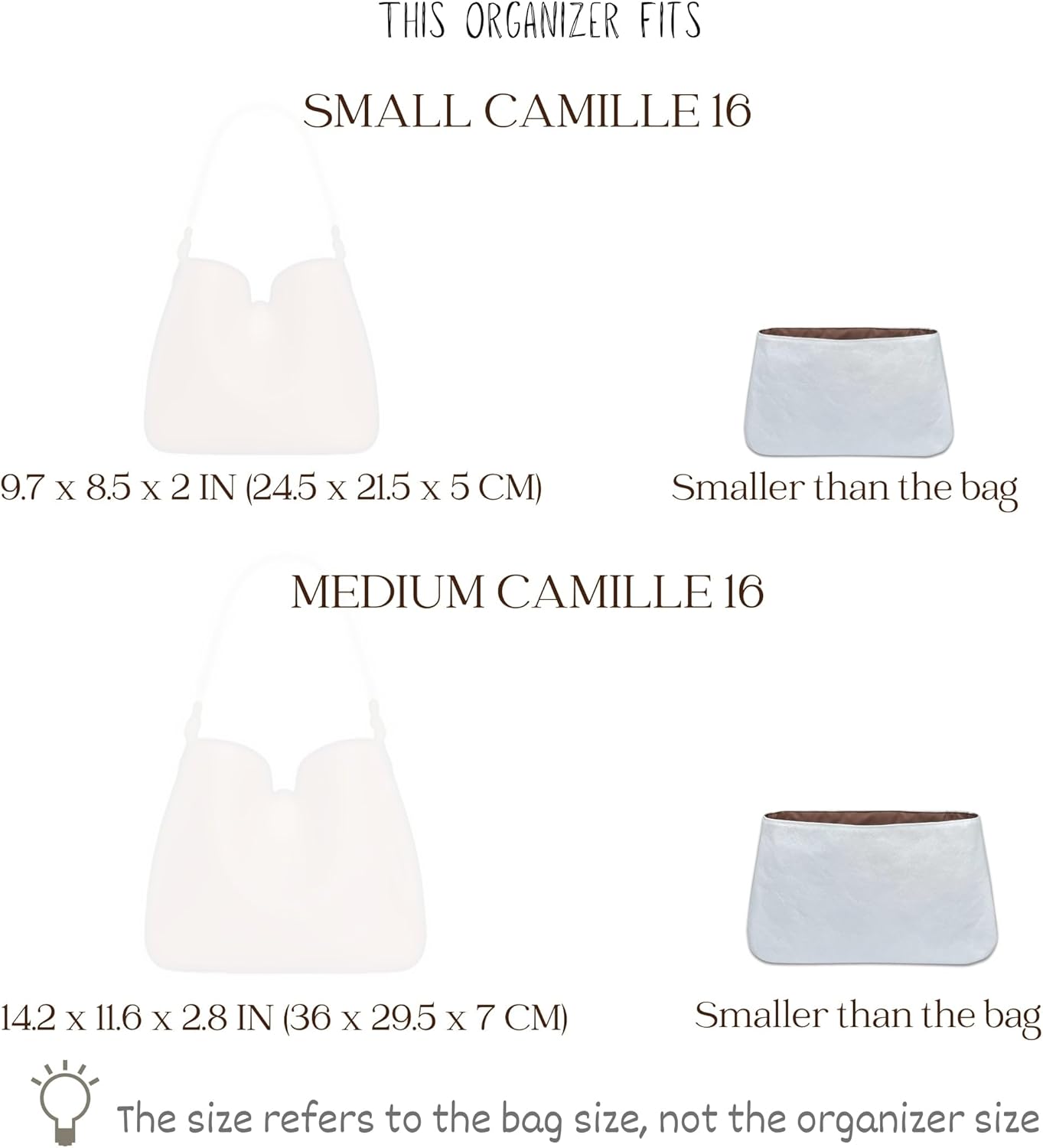 Organizer for Camille 16 Soft Bag, Small, Medium, Lightweight Bag Insert, DupontPaper and Satin Silk Liner, 34 Interior Colors (Small, Cocoa)