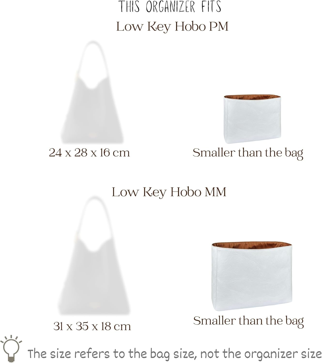 Organizer for Low Key Hobo PM/MM, Lightweight Bag Insert, DupontPaper and Satin Silk Liner, 34 Interior Colors (PM, Brown)