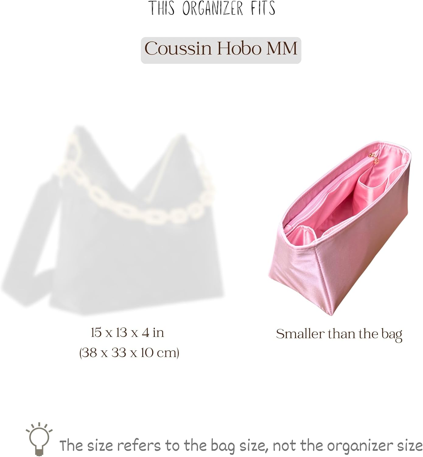 Organizer for Coussin Hobo MM, Satin Silk Bag Insert with Zipper Pocket (Blush)