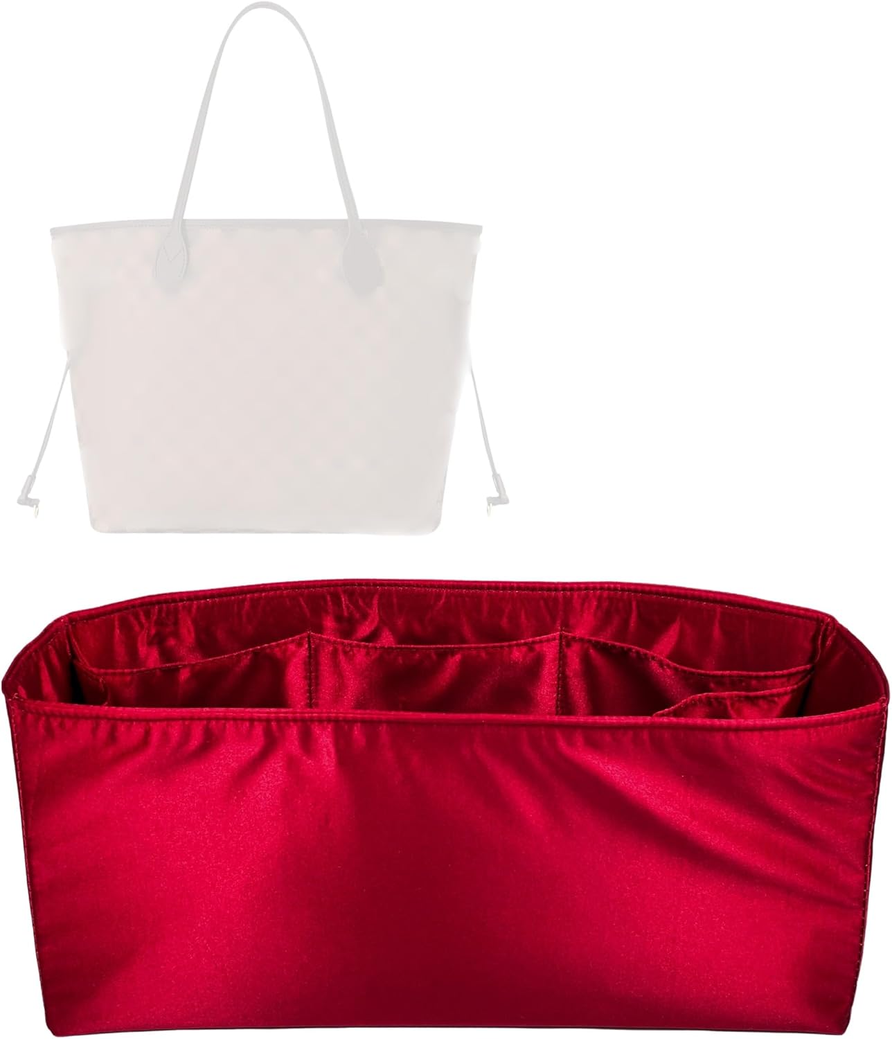 Organizer for Neverfull GM/MM/PM/BB, Satin Silk Bag Insert with Zipper Pocket,Water Bottle Holder (GM, Crimson)