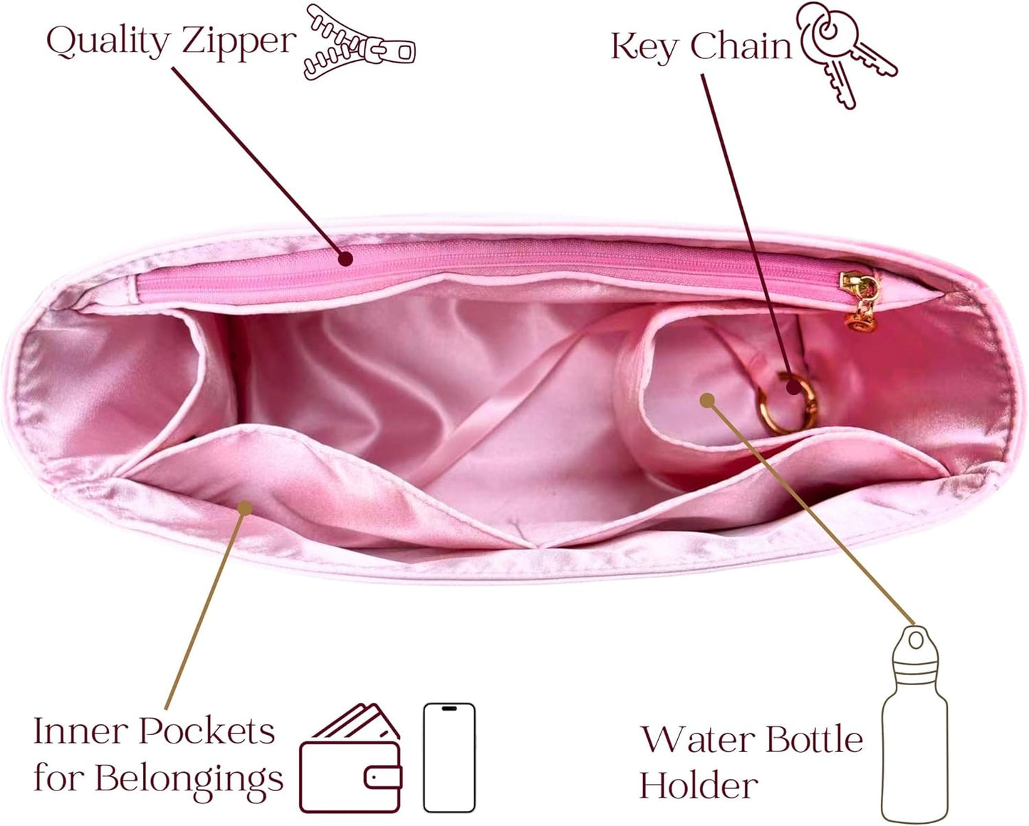 Organizer for Coussin Hobo MM, Satin Silk Bag Insert with Zipper Pocket (Blush)