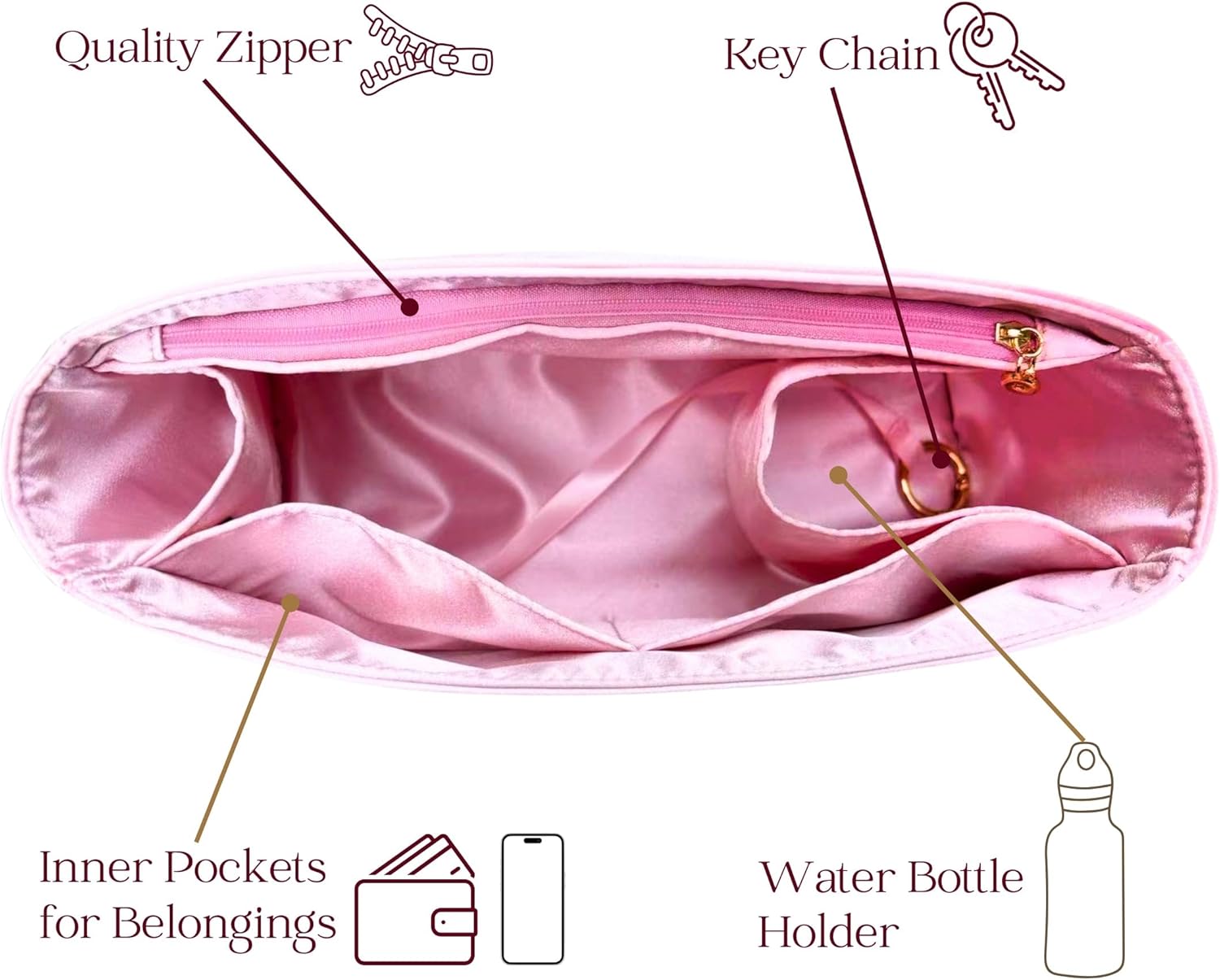 Organizer for Coussin Hobo MM, Satin Silk Bag Insert with Zipper Pocket (Blush)