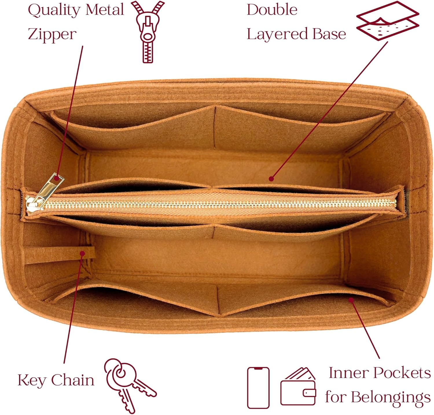 Organizer for Telfa. Shopping Bag, Small, Medium, Large, Handmade Felt Insert (Small, GoldBrown)