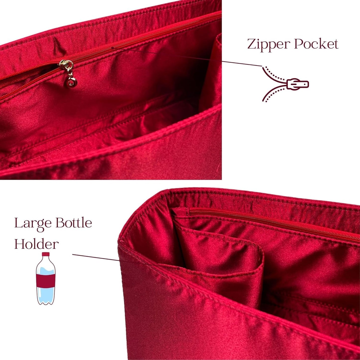 Organizer for Neverfull GM/MM/PM/BB, Satin Silk Bag Insert with Zipper Pocket,Water Bottle Holder (GM, Crimson)