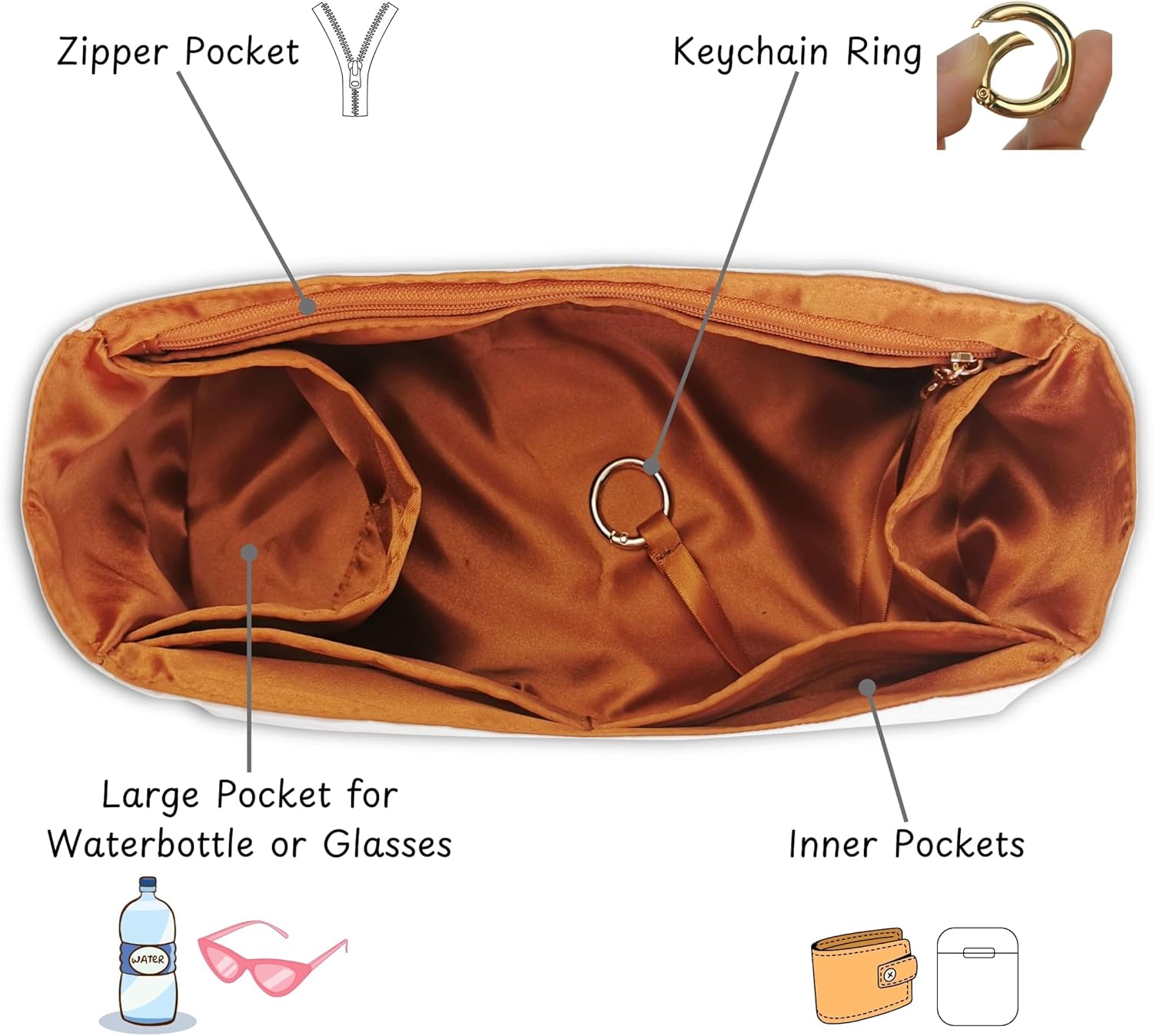 Organizer for Low Key Hobo PM/MM, Lightweight Bag Insert, DupontPaper and Satin Silk Liner, 34 Interior Colors (PM, Brown)