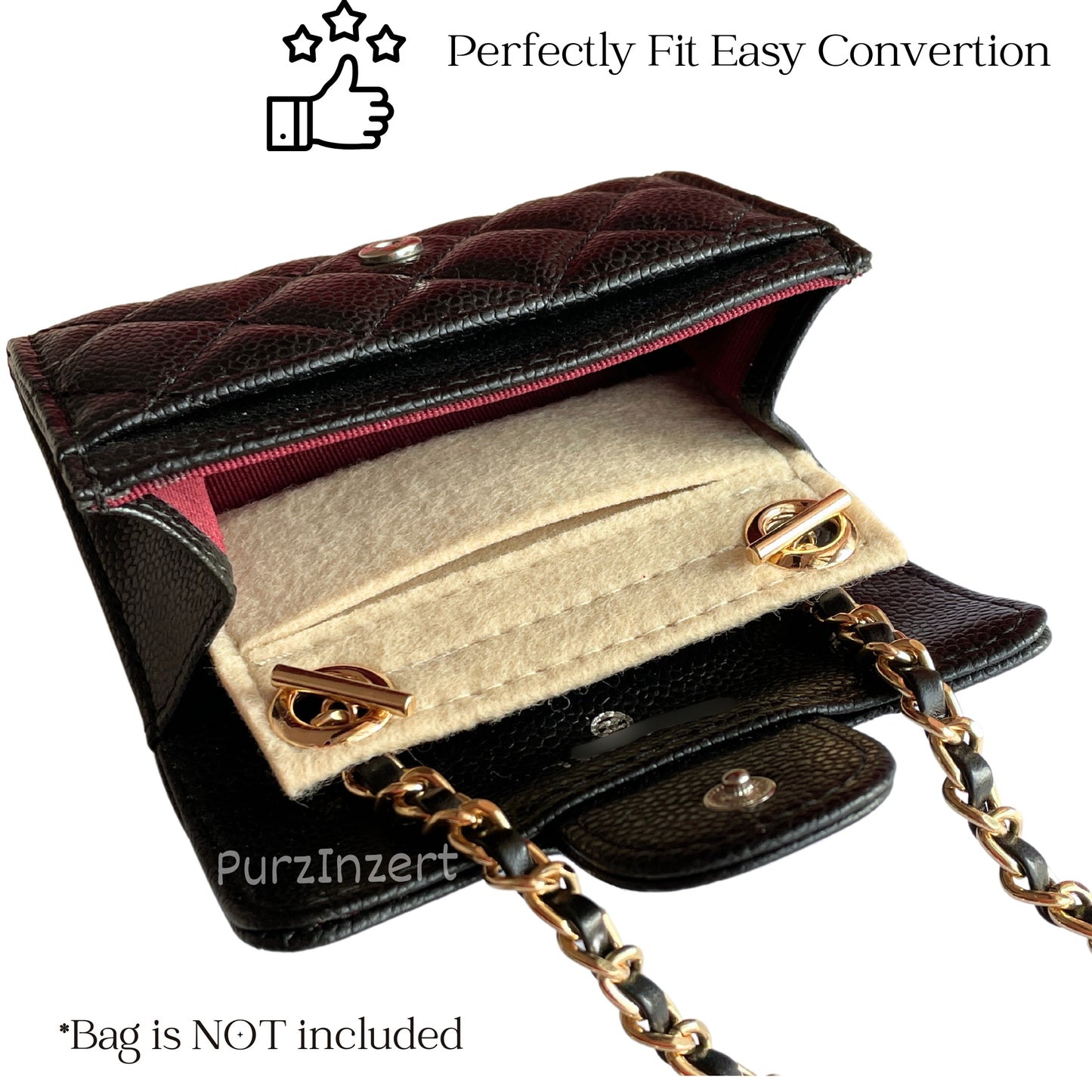 【Hook A-Silver】Conversion Kit for (Chanel Classic Flap Card Holder) to Crossbody Bag, DIY Wallet Handbag, Felt Insert with 120cm Leather Chain
