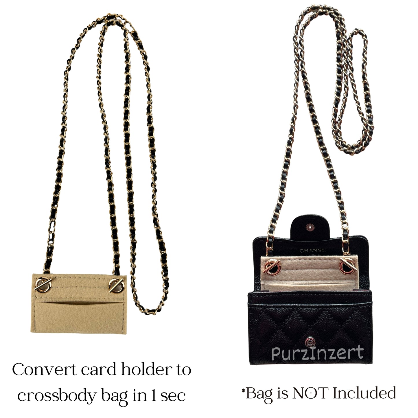 【Hook A-Silver】Conversion Kit for (Chanel Classic Flap Card Holder) to Crossbody Bag, DIY Wallet Handbag, Felt Insert with 120cm Leather Chain