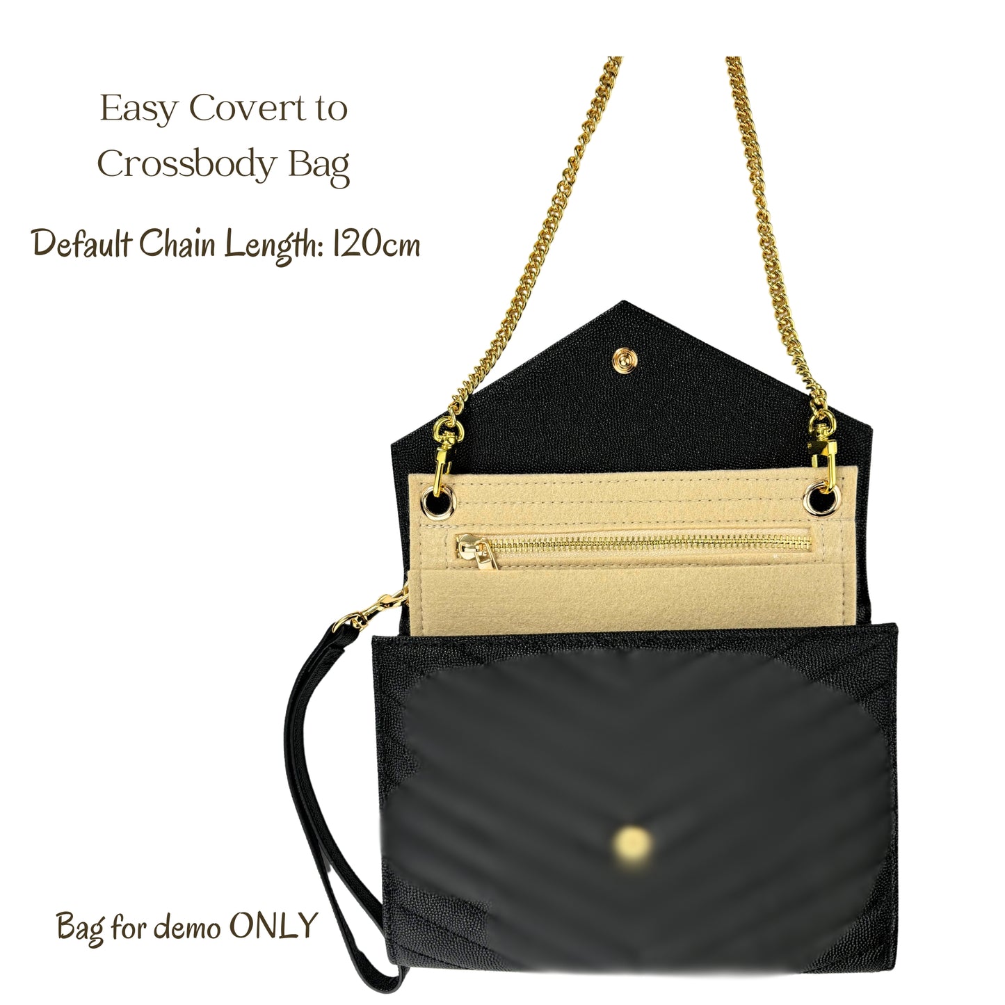 【Claw Clasp Clasp-Golden】Conversion Kit for (Saint Laurent, YSL) Cassandre Matelasse Flap Pouch to Crossbody Bag, Felt Insert with 120cm/47" Metal Chain
