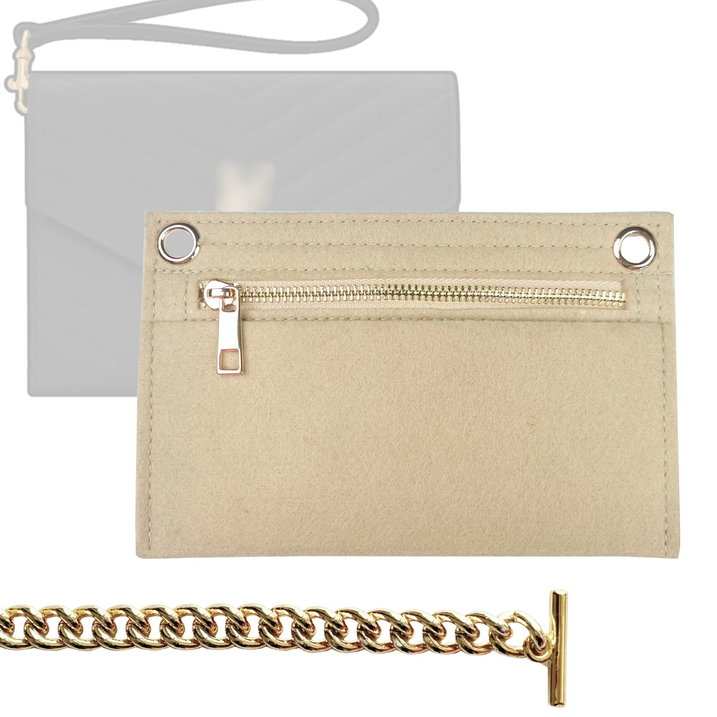 【T-Bar Clasp-Gold】Conversion Kit for (Saint Laurent, YSL) Cassandre Matelasse Flap Pouch to Crossbody Bag, Felt Insert with 120cm/47" Metal Chain