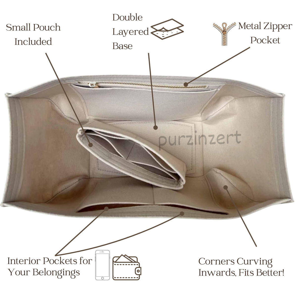 Bag Insert for (Polene, Cyme Tote) Organizer of Felt Fabric