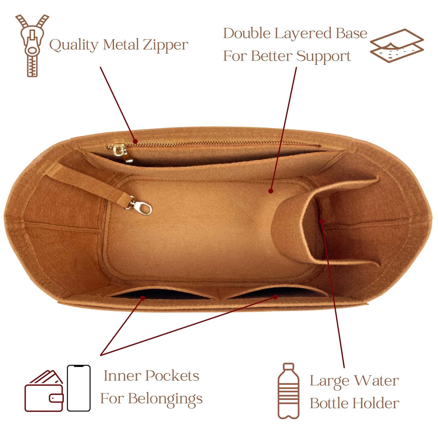 Bag Insert for (Mulberry, Mini Zipped Bayswater) Organizer of Felt Fabric