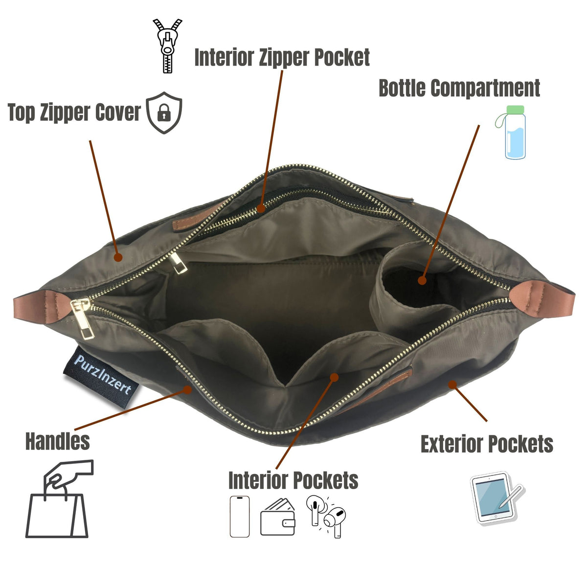 Bag Insert for (Strath berr., Kite Tote) Organizer of Nylon Fabric