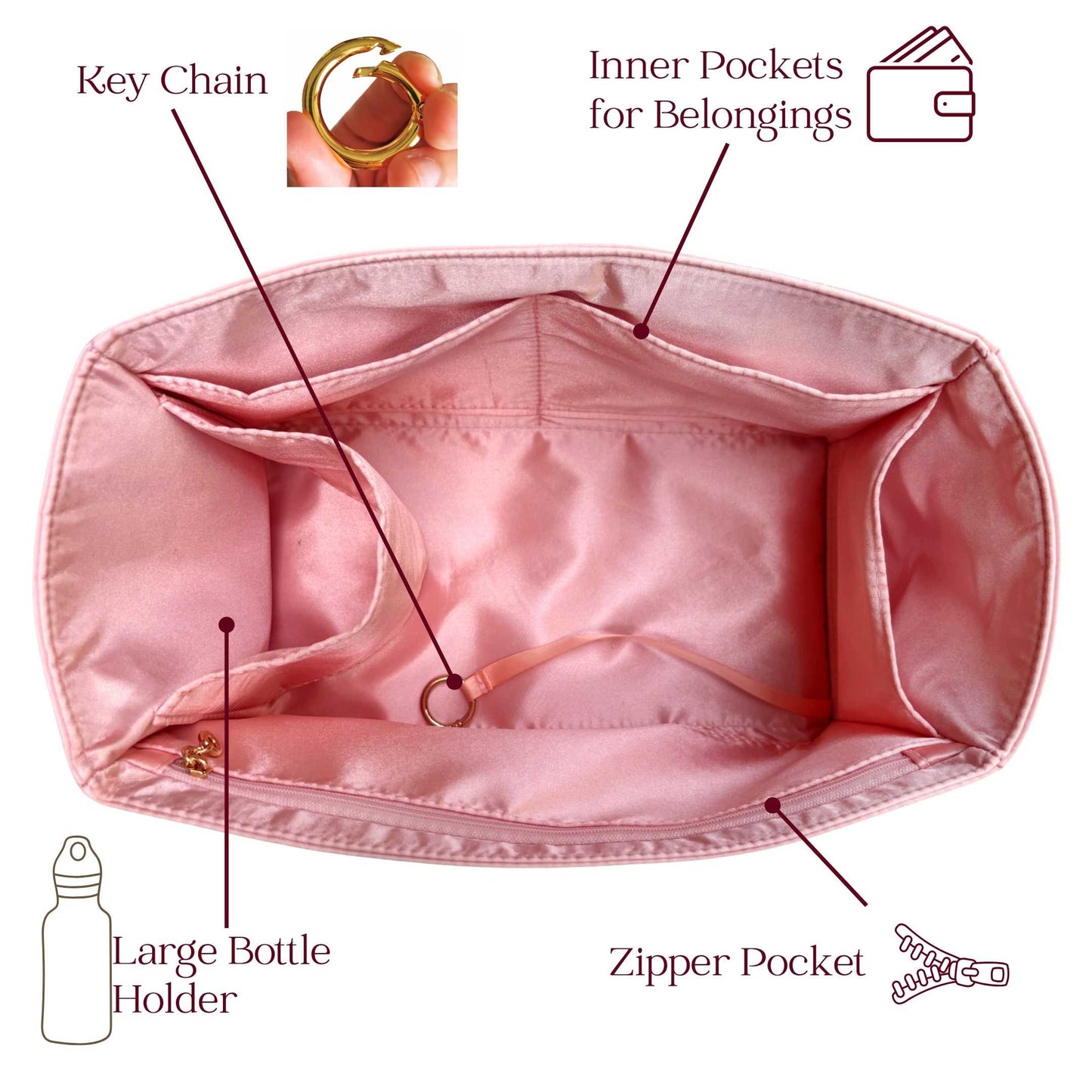 Bag Insert for (Coach, Rowan Regular Satchel) Organizer of Silk Fabric