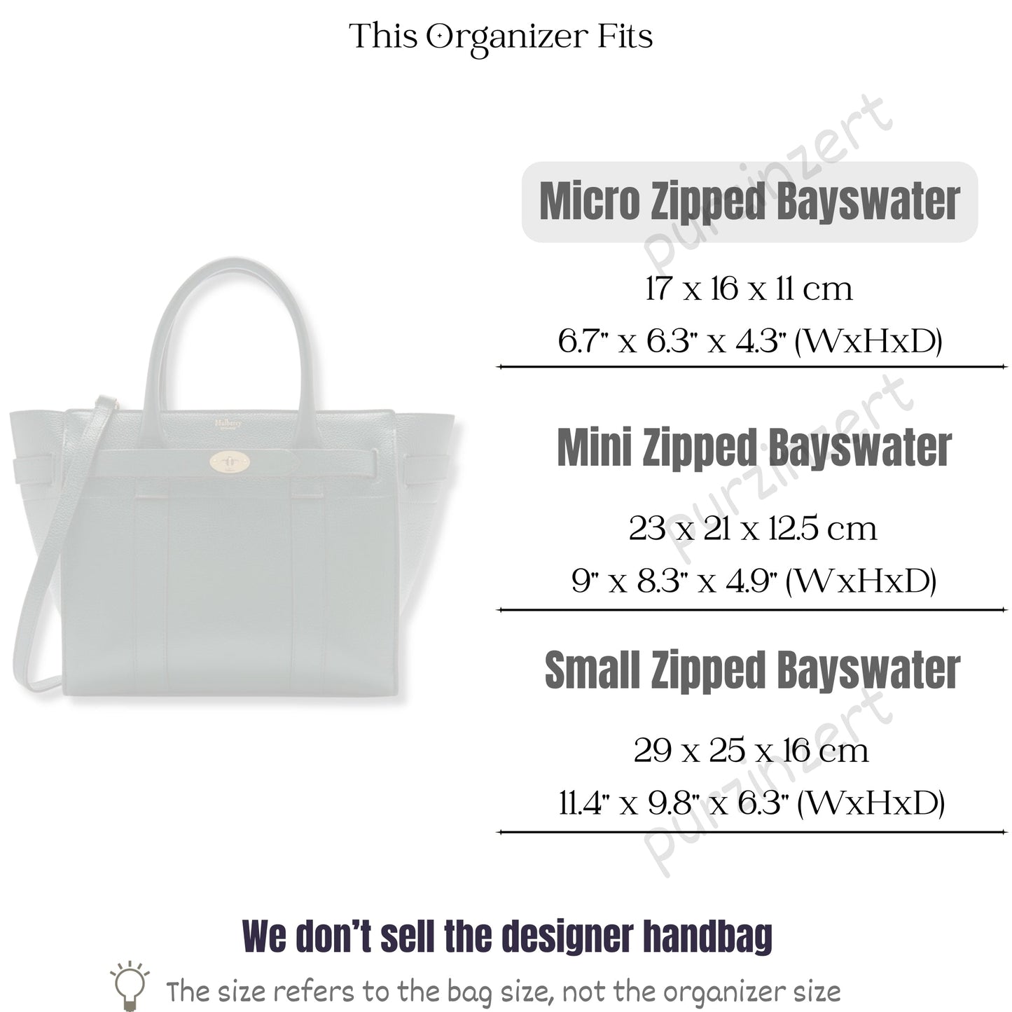 Bag Insert for (Mulberry, Micro Zipped Bayswater) Organizer of Felt Fabric
