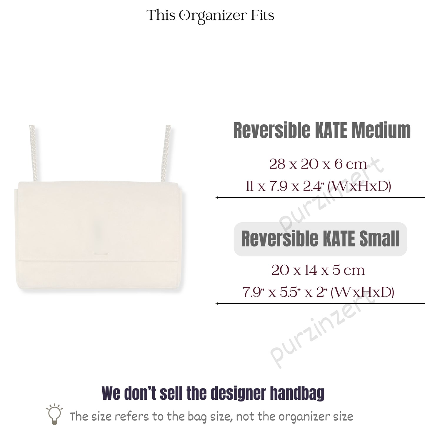 Bag Insert for (Saint Laurent (YSL), REVERSIBLE KATE Small) Organizer of Silk Fabric
