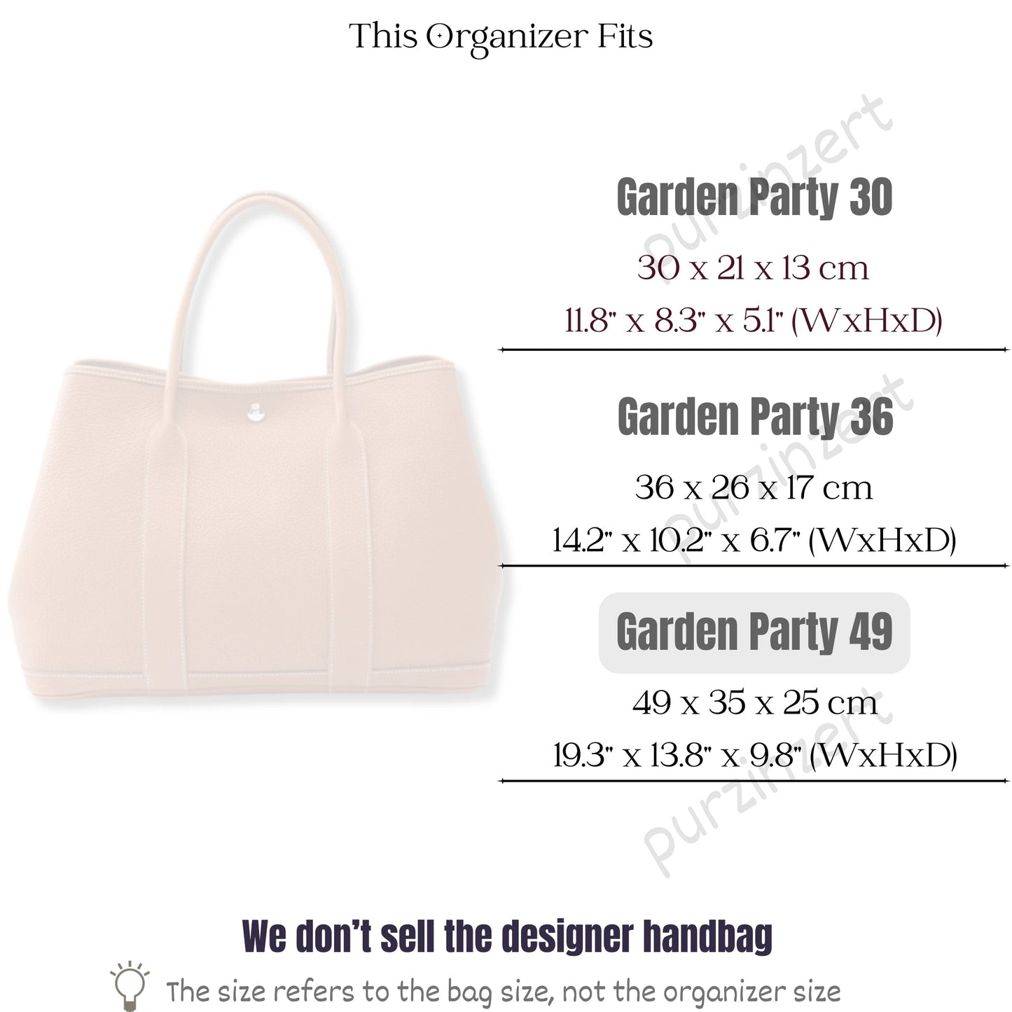 Bag Insert for (Hermes, Garden Party 49) Organizer of Silk Fabric