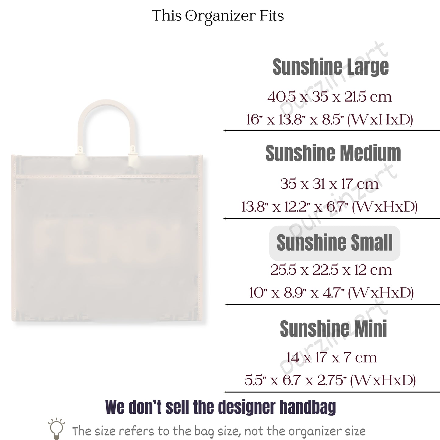 Bag Insert for (Fendi, Sunshine Small) Organizer of Felt Fabric