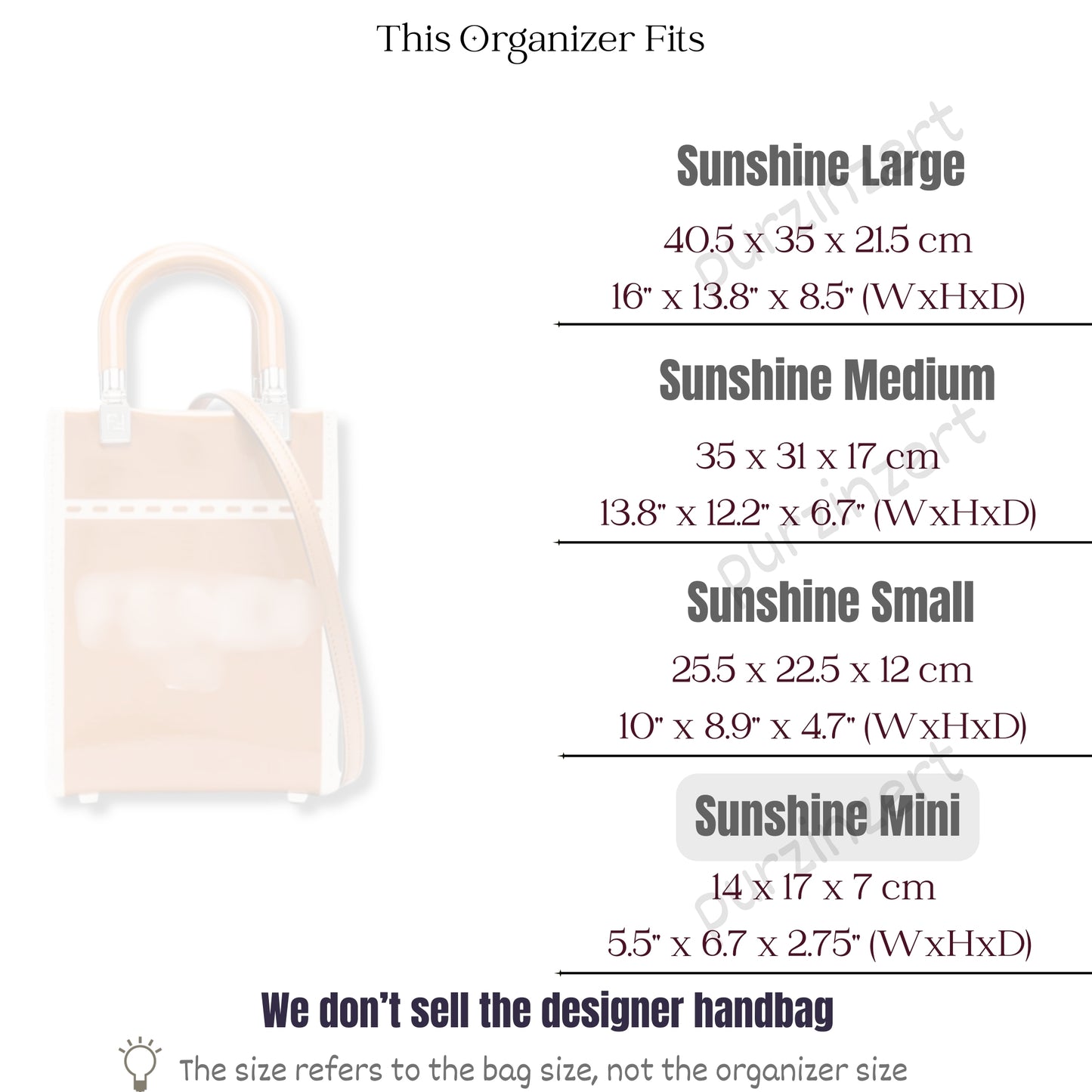Bag Insert for (Fendi, Sunshine Mini) Organizer of Felt Fabric