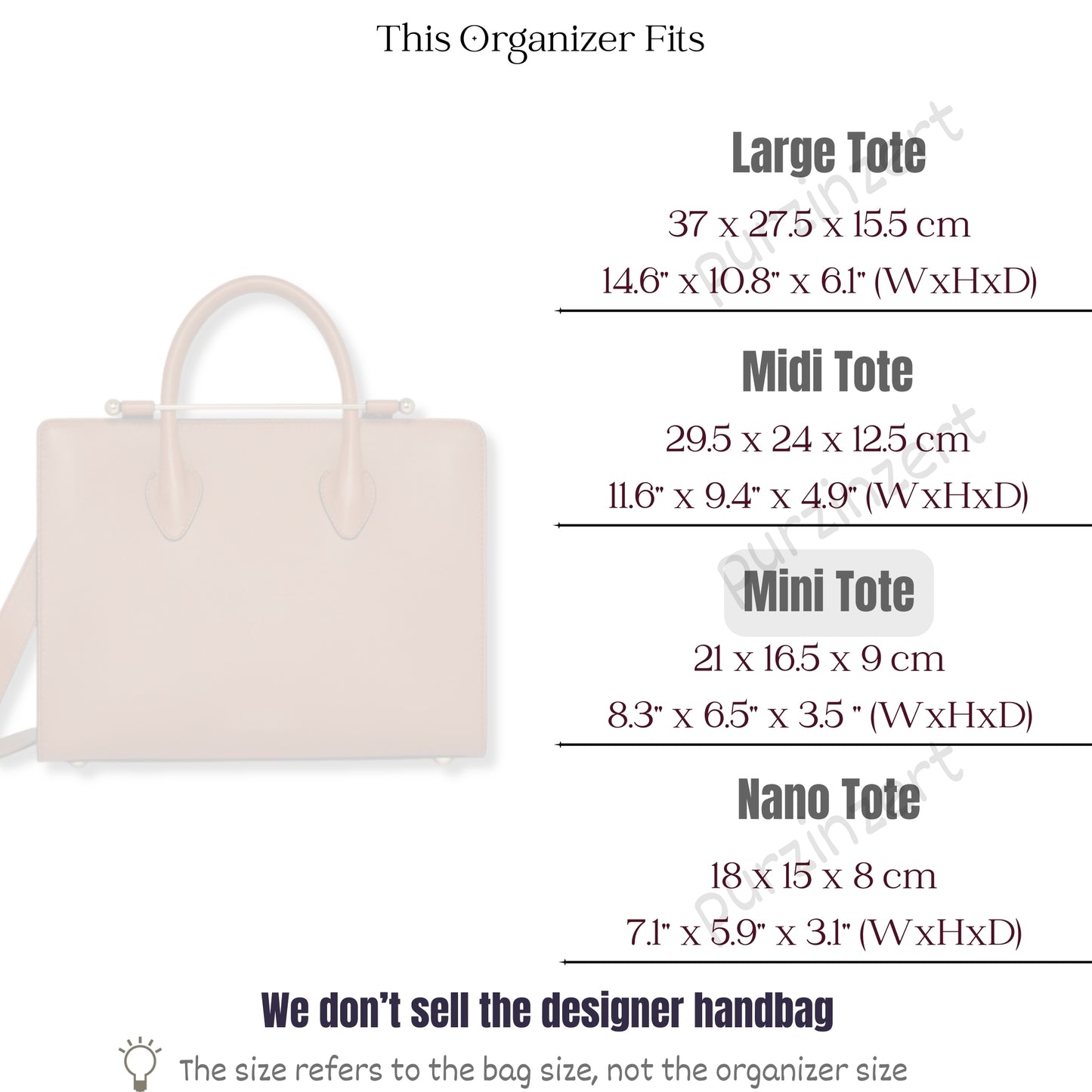 Bag Insert for (Strat.berr., Mini Tote) Organizer of Silk Fabric