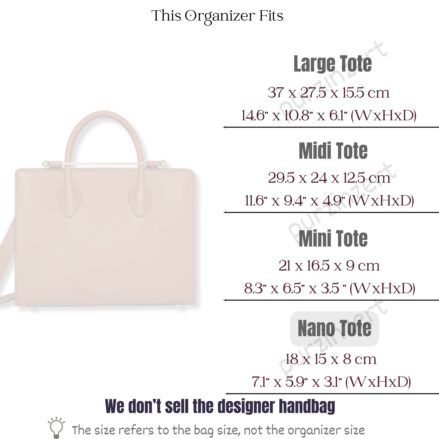Bag Insert for (Strat.berr., Nano Tote) Organizer of Silk Fabric
