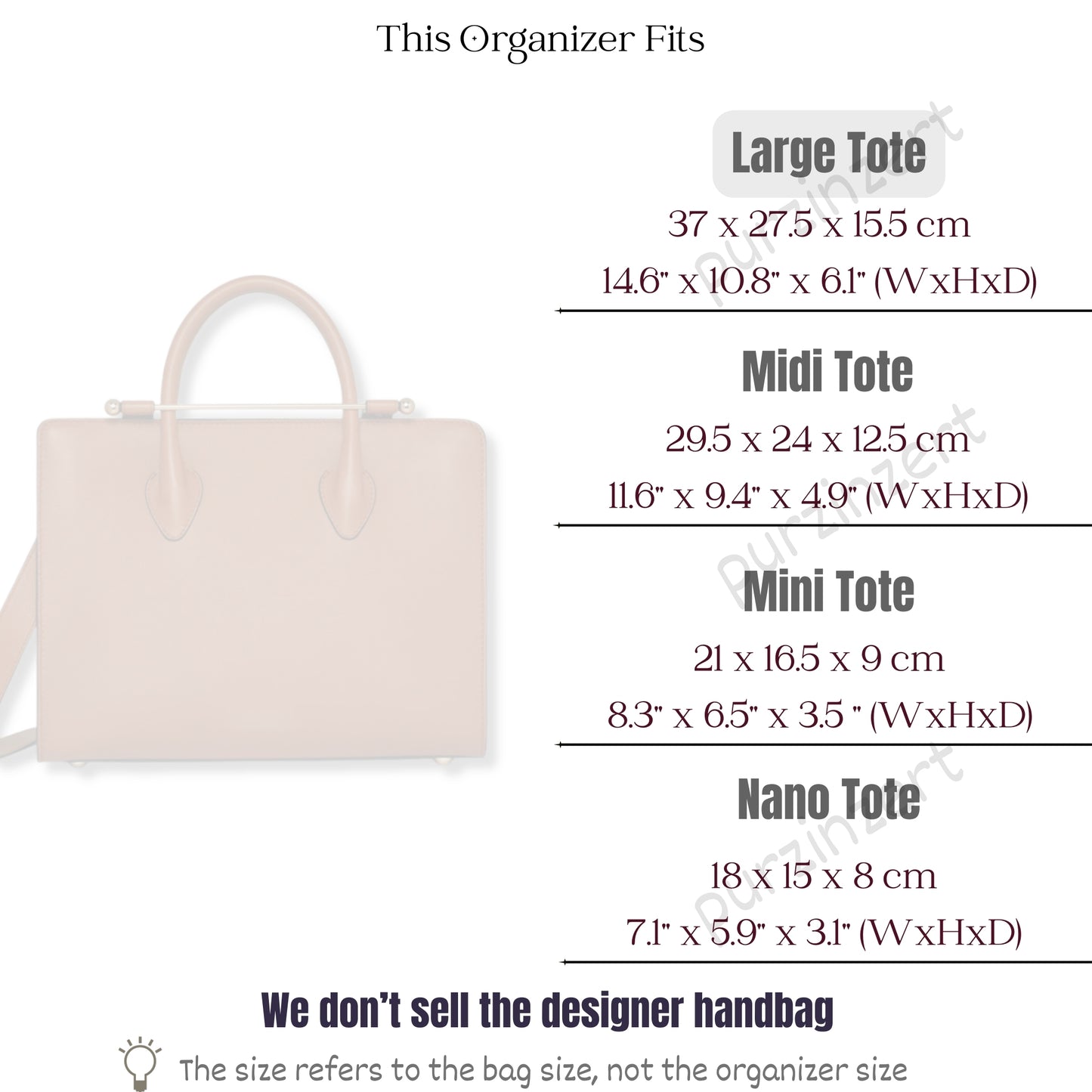 Bag Insert for (Strat.berr., Large Tote) Organizer of Silk Fabric
