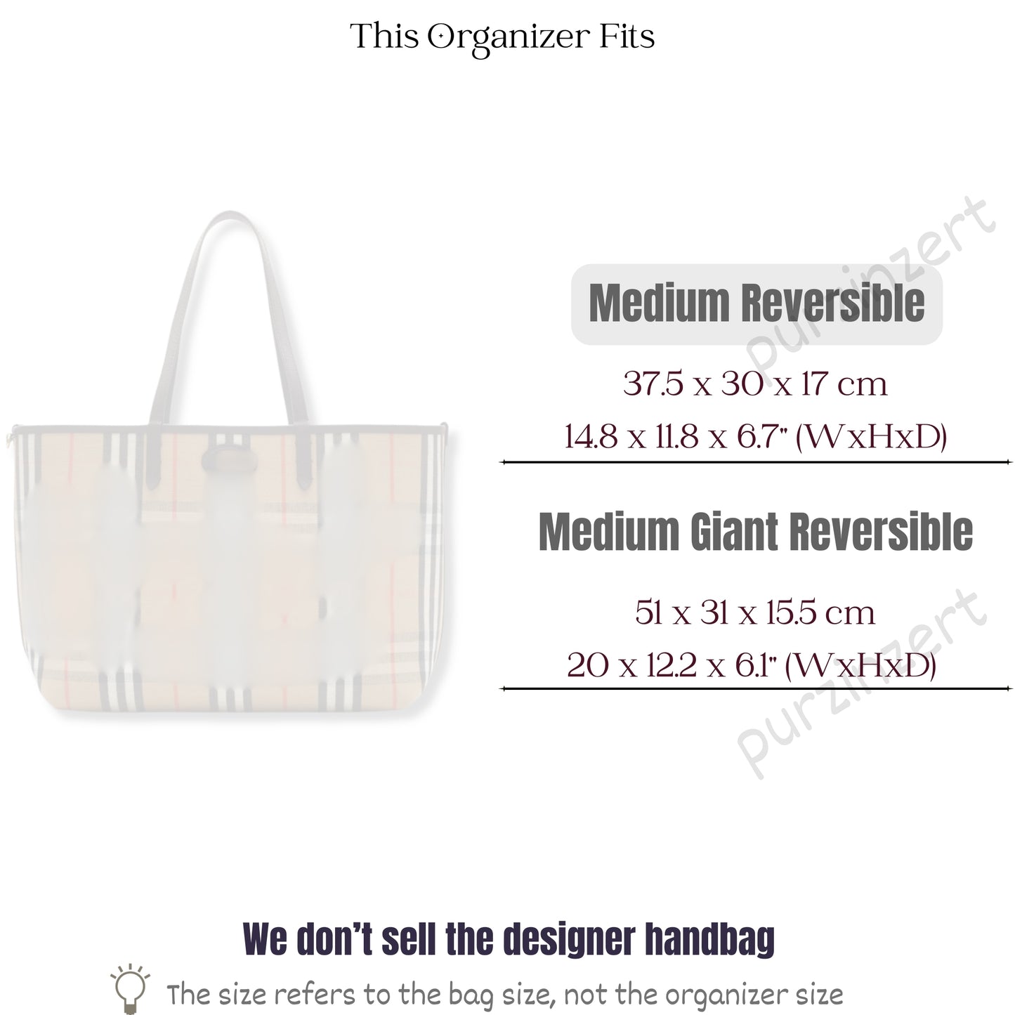 Bag Insert for (Burberry, Medium Reversible) Organizer of Felt Fabric