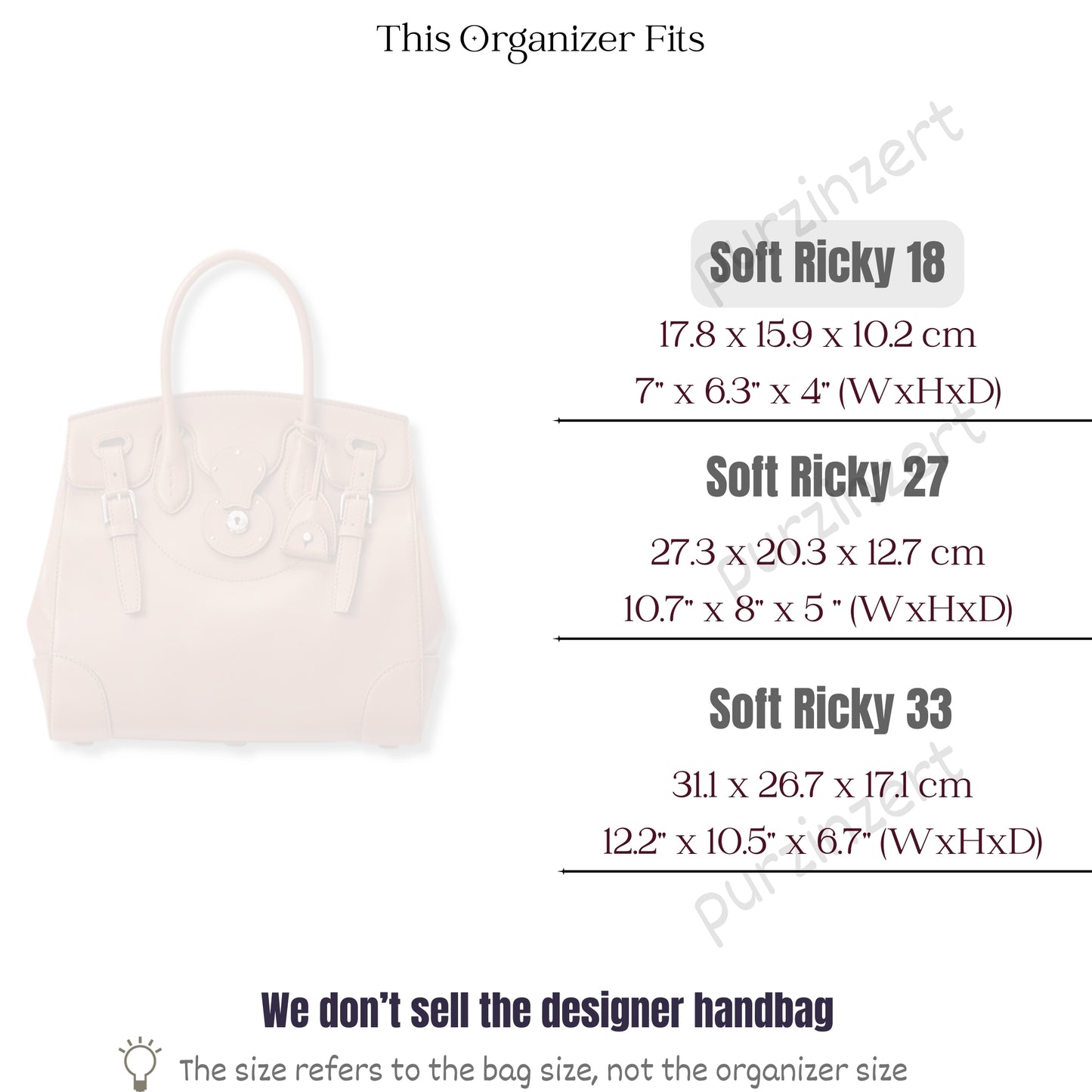 Bag Insert for (Ralph Lauren, Soft Ricky 18) Organizer of Silk Fabric