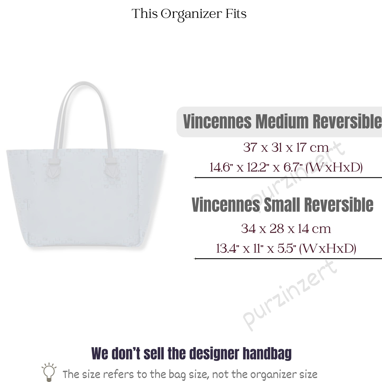 Bag Insert for (Moreau, Vincennes Medium Reversible) Organizer of Felt Fabric