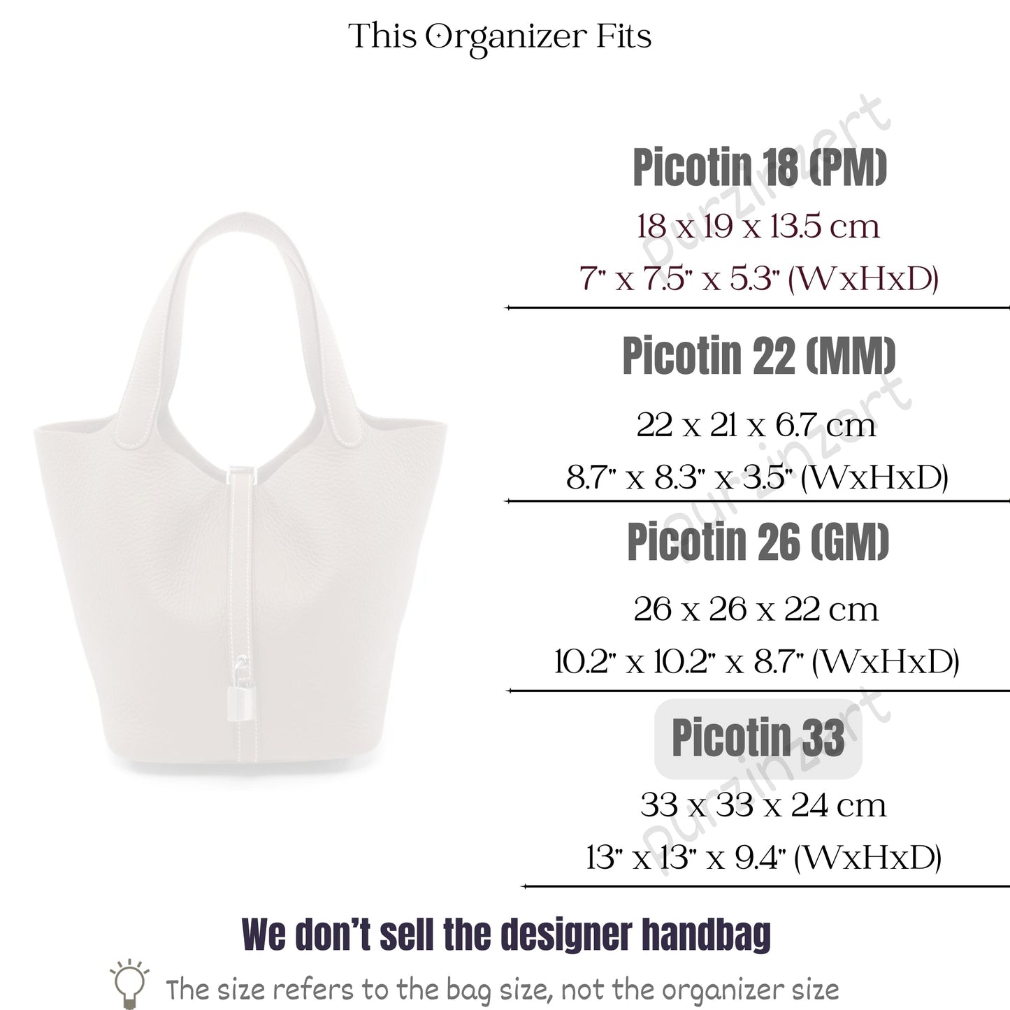 Bag Insert for (Hermes, Picotin 31) Organizer of Nylon Fabric