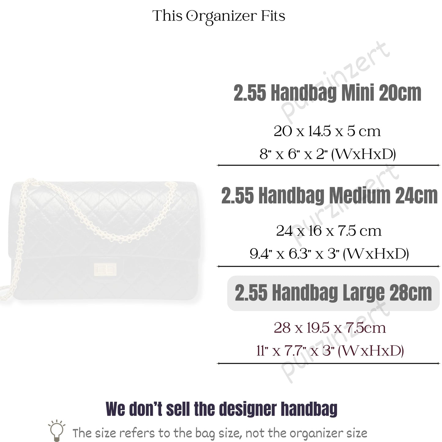 Bag Insert for (Chanel, 2.55 Handbag Large 28cm) Organizer of Felt Fabric