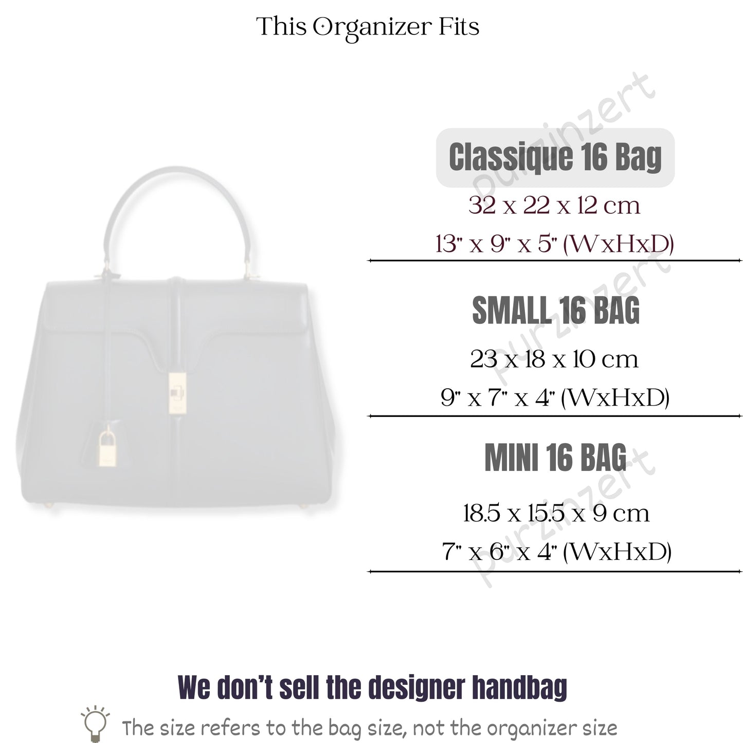 Bag Insert for (Celine, Classique 16 Bag) Organizer of Silk Fabric