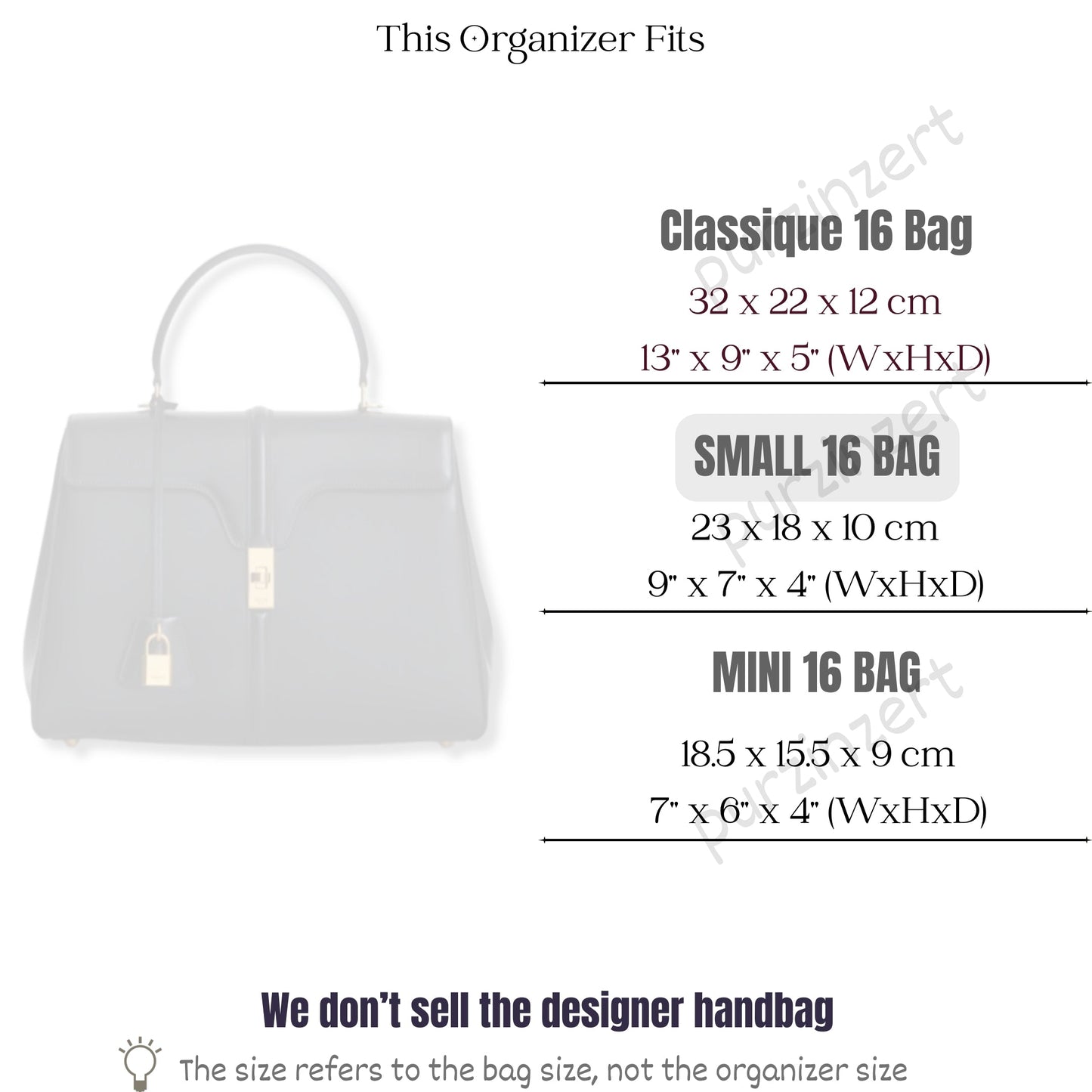 Bag Insert for (Celine, Small 16 Bag) Organizer of Silk Fabric