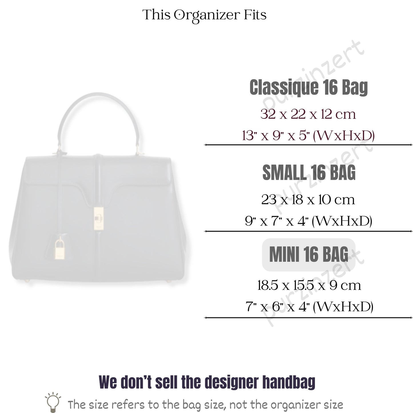 Bag Insert for (Celine, Mini 16 Bag) Organizer of Felt Fabric