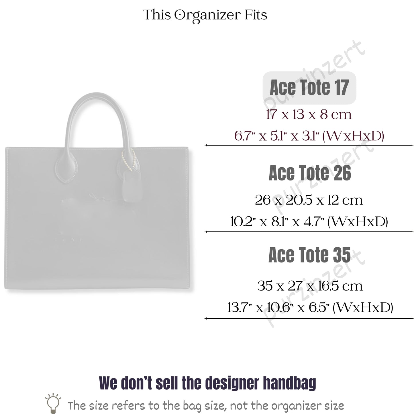 Bag Insert for (Coach, Ace Tote 17) Organizer of Felt Fabric