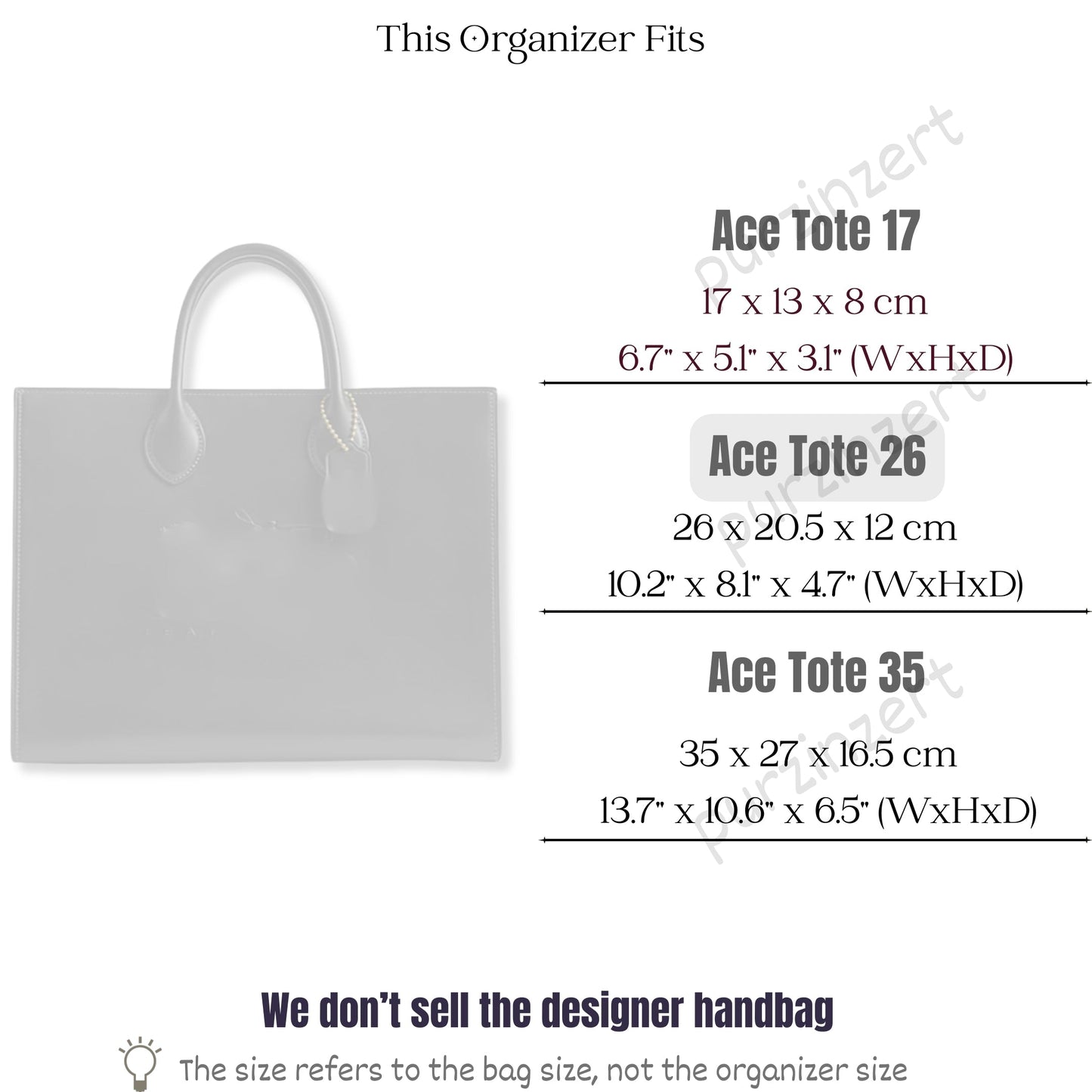 Bag Insert for (Coach, Ace Tote 26) Organizer of Felt Fabric