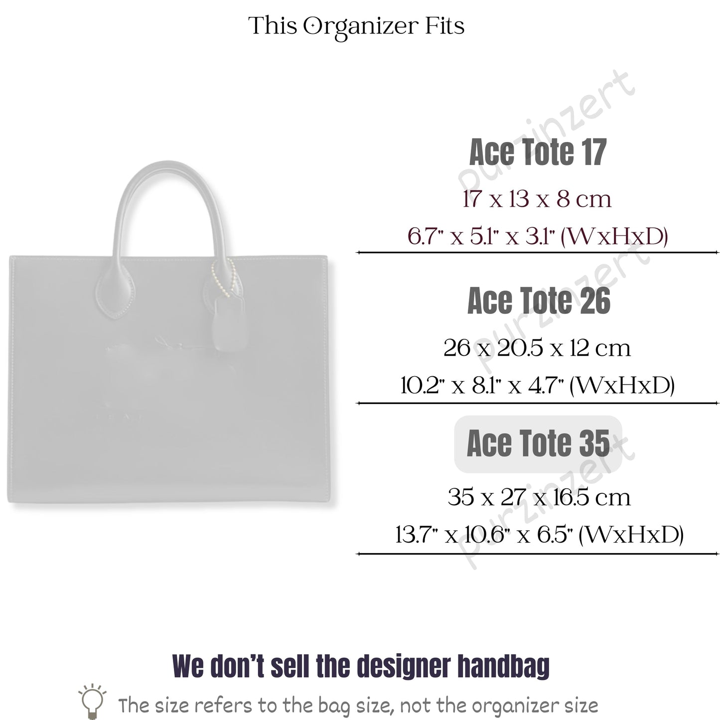 Bag Insert for (Coach, Ace Tote 35) Organizer of Felt Fabric