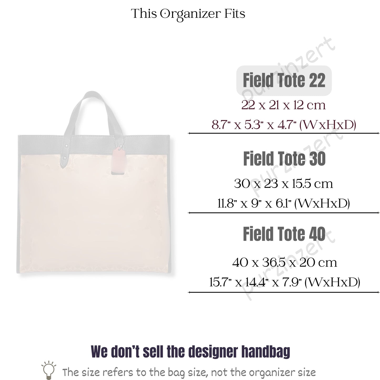 Bag Insert for (Coach, Field Tote 22) Organizer of Silk Fabric