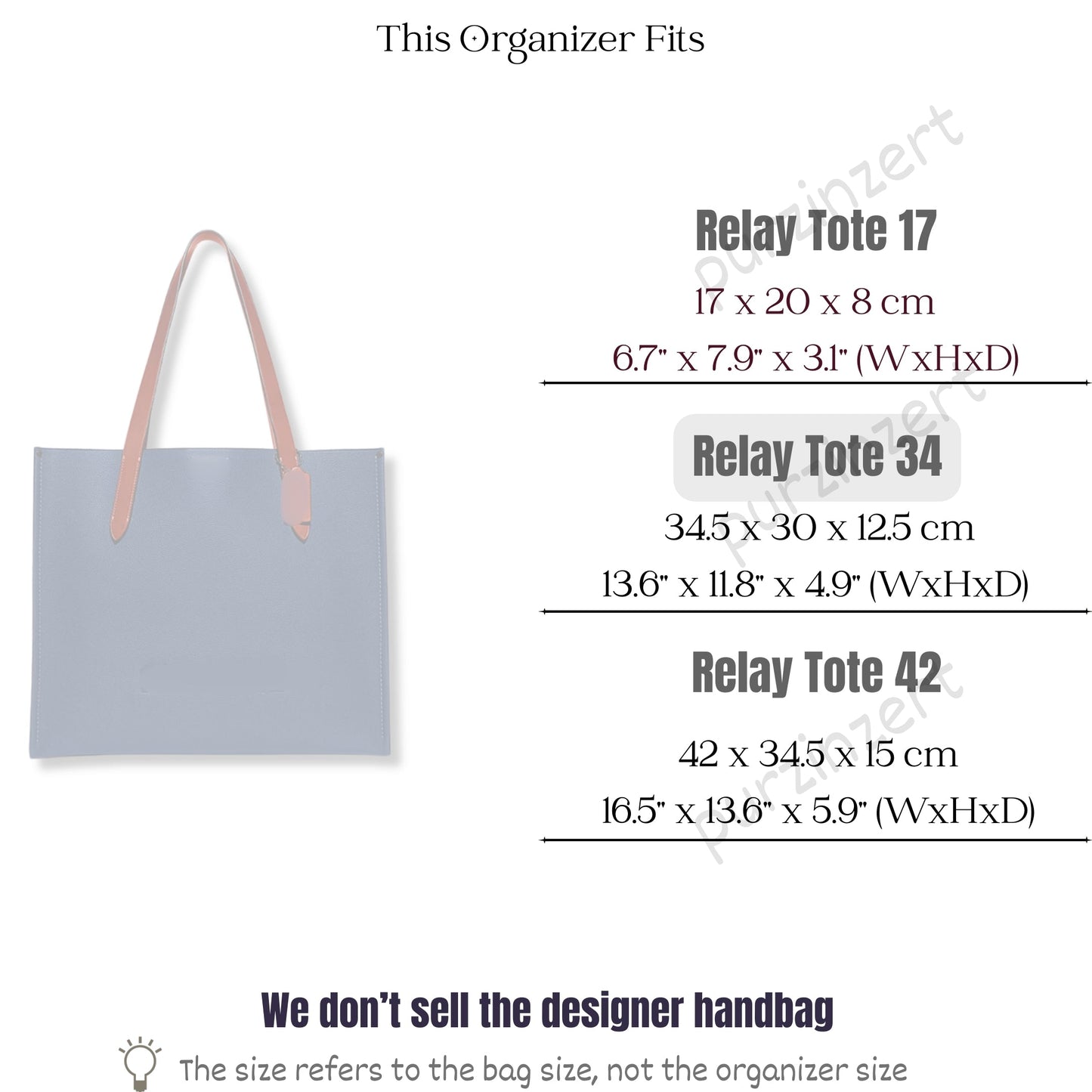 Bag Insert for (Coach, Relay Tote 34) Organizer of Felt Fabric