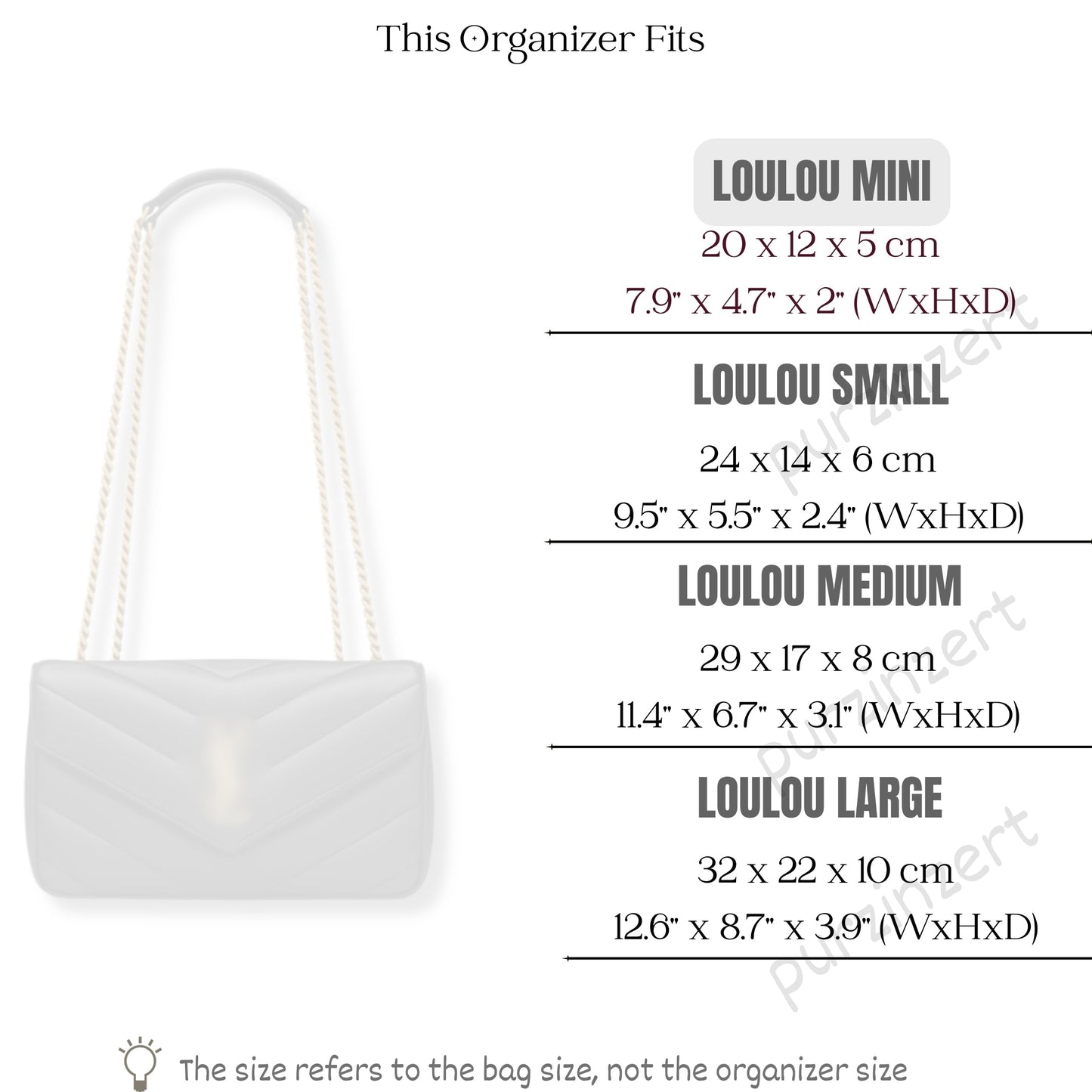 Bag Insert for (Saint Laurent (YSL), Mini Loulou in Matelasse) Organizer of Silk Fabric