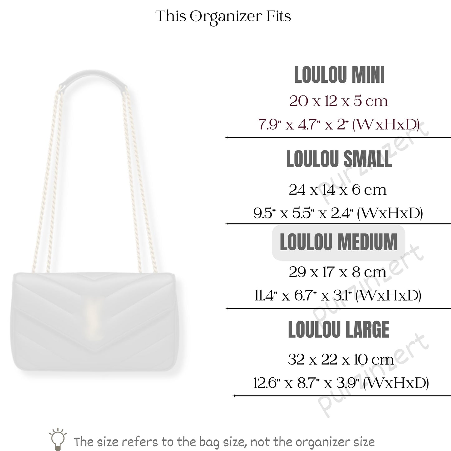 Bag Insert for (Saint Laurent (YSL), Medium Loulou in Matelasse) Organizer of Silk Fabric