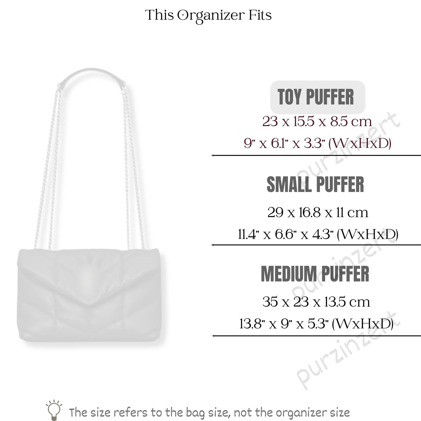 Bag Insert for (Saint Laurent (YSL), Toy Puffer) Organizer of Silk Fabric