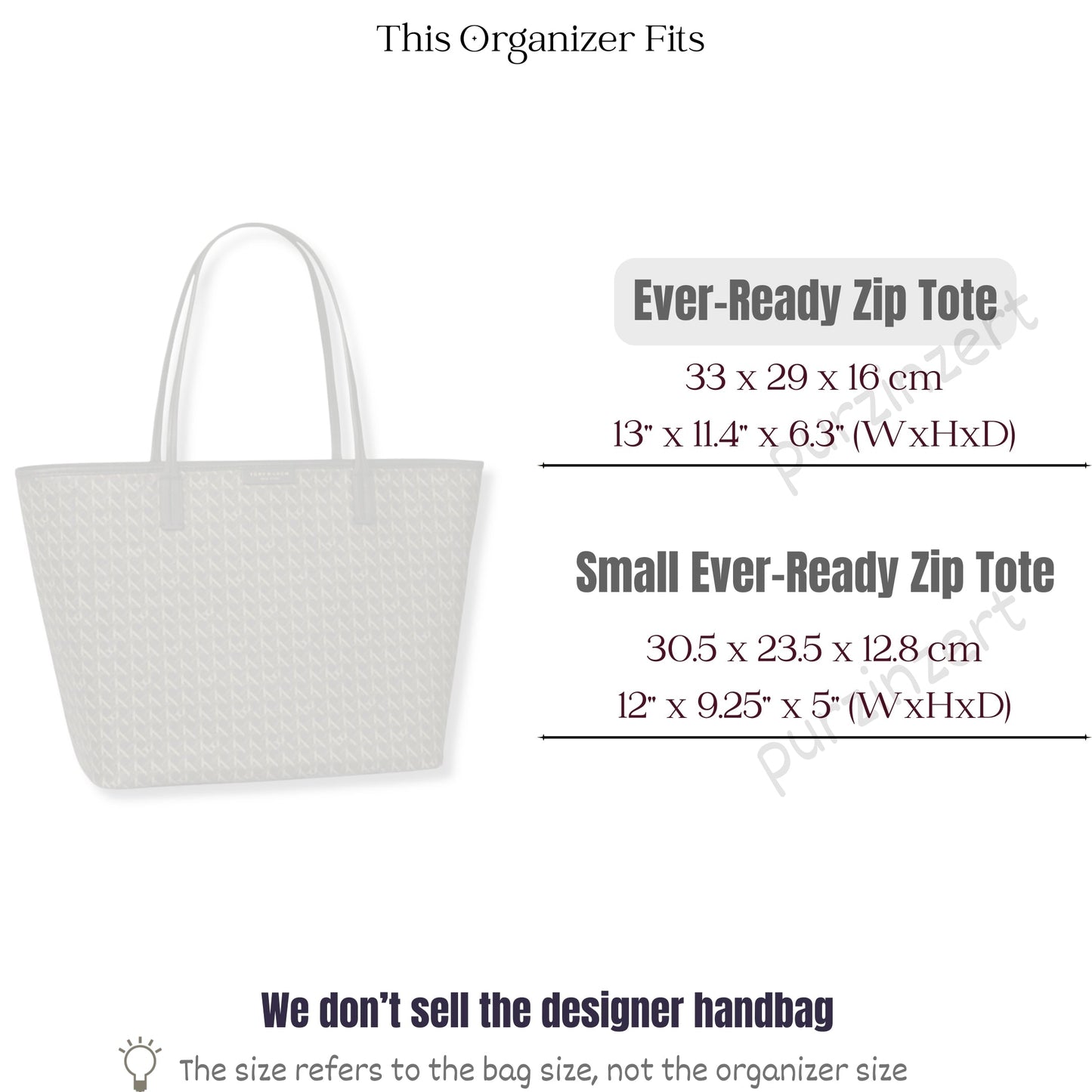 Bag Insert for (Tory Burch, Ever-Ready Zip Tote 32W 29H) Organizer of Felt Fabric