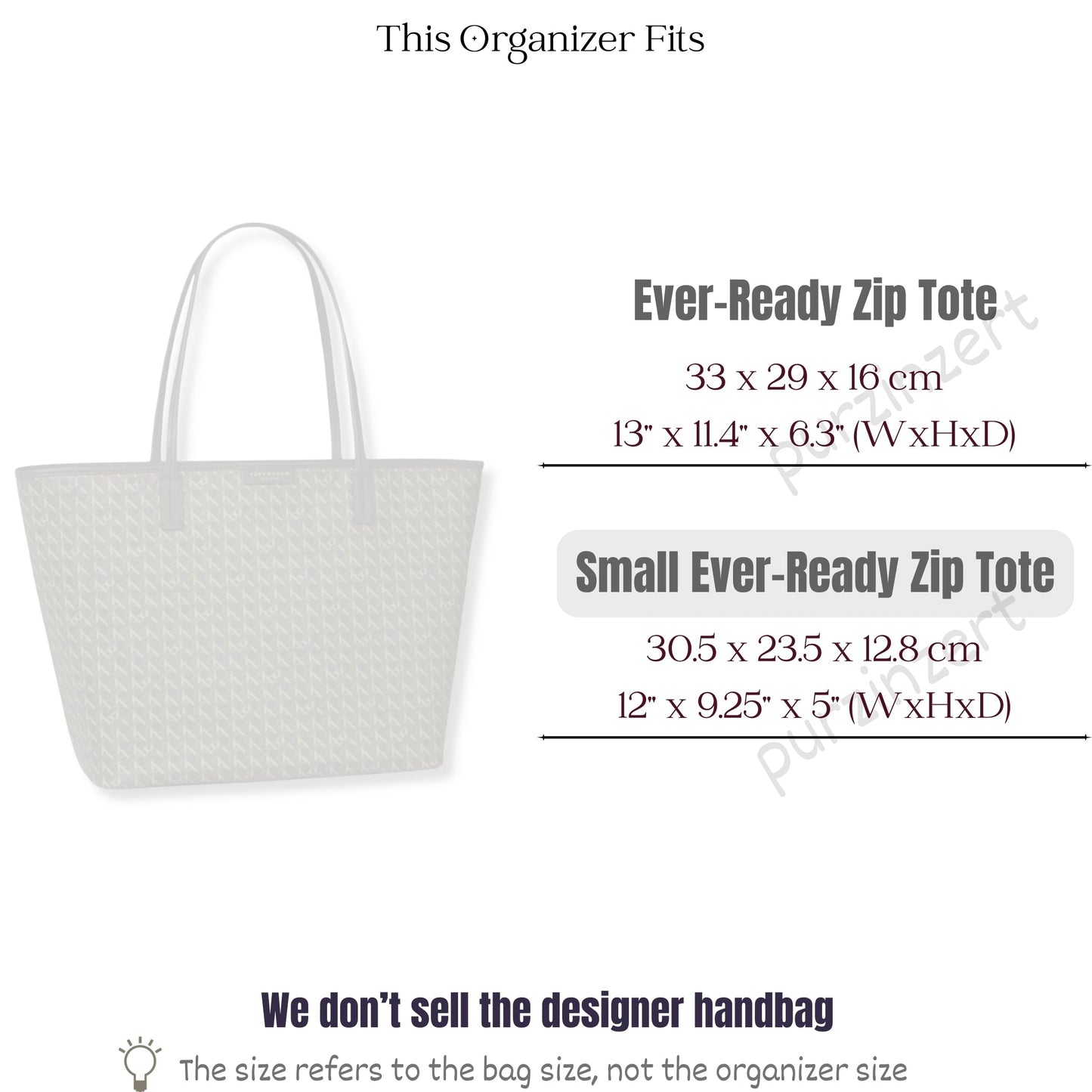 Bag Insert for (Tory Burch, Small Ever-Ready Zip Tote) Organizer of Felt Fabric