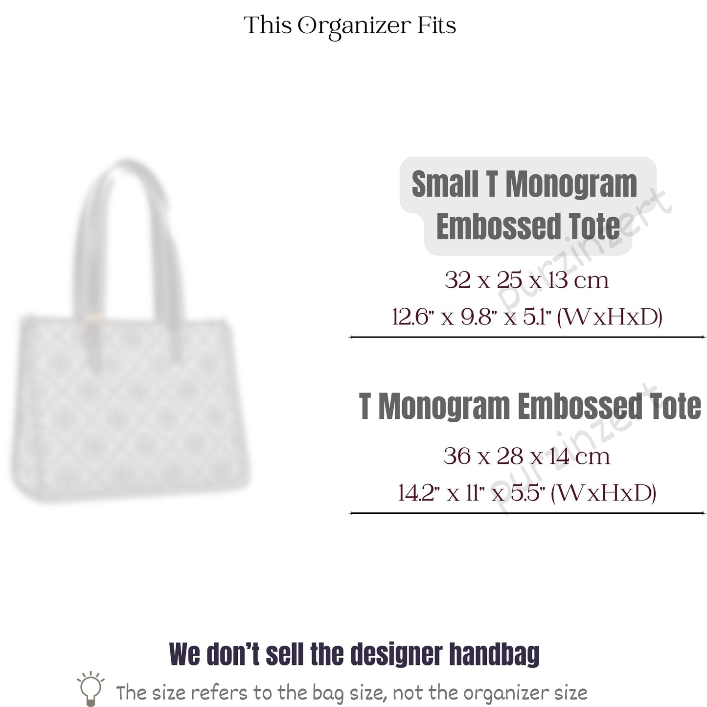 Bag Insert for (Tory Burch, Small T Monogram Embossed Tote) Organizer of Felt Fabric