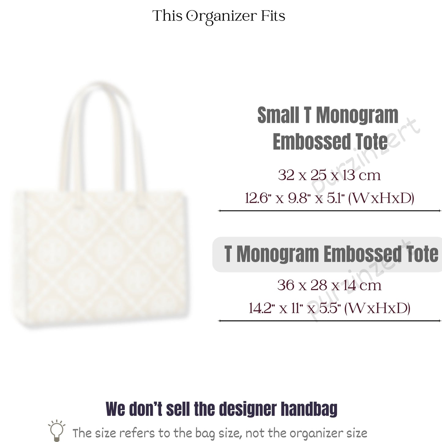Bag Insert for (Tory Burch, T Monogram Embossed Tote 36W 28H) Organizer of Silk Fabric