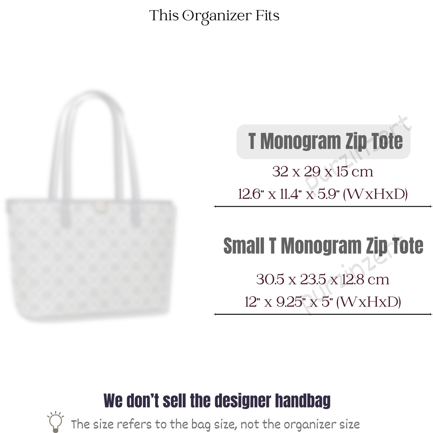Bag Insert for (Tory Burch, T Monogram Zip Tote 32W 29H) Organizer of Nylon Fabric