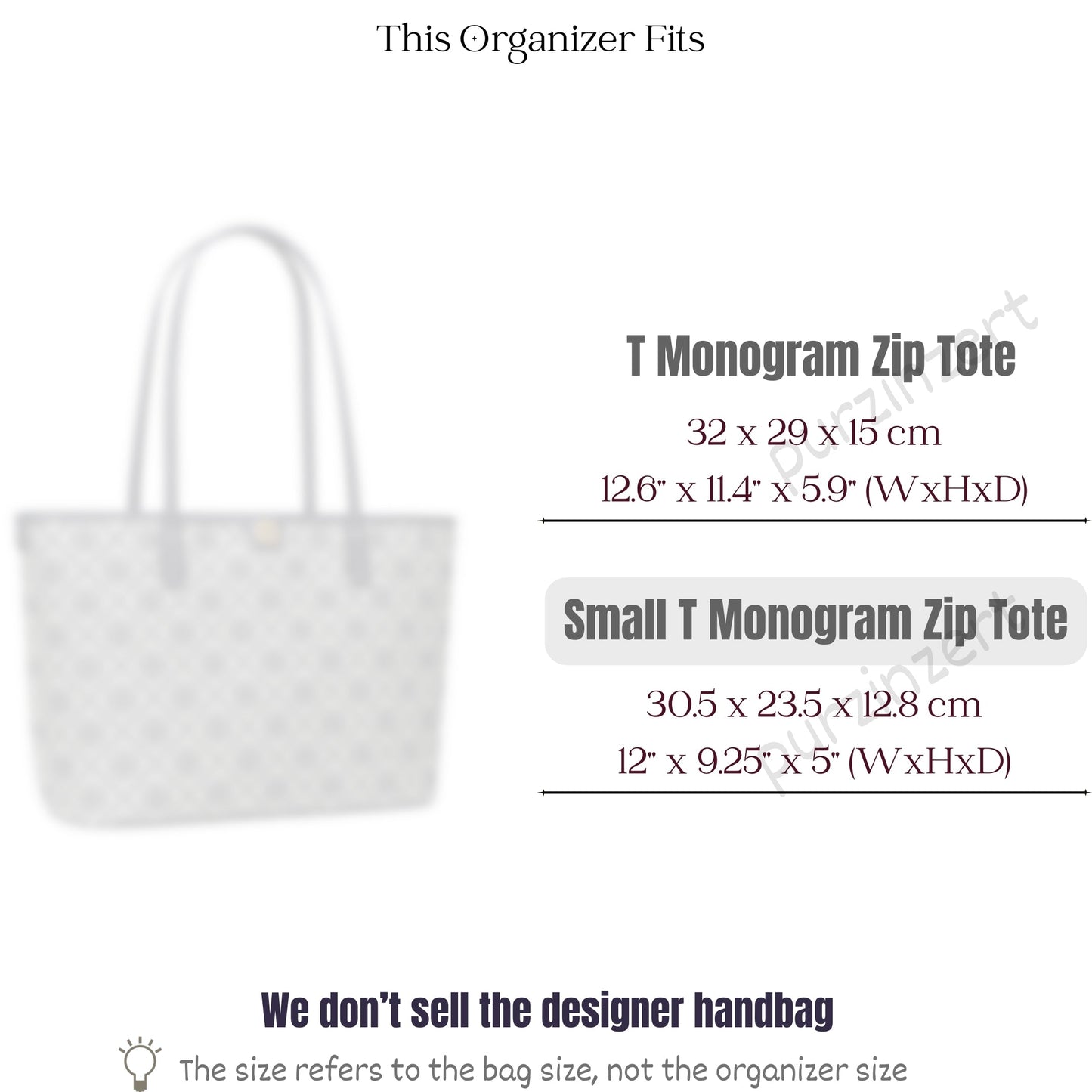 Bag Insert for (Tory Burch, Small T Monogram Zip Tote) Organizer of Nylon Fabric